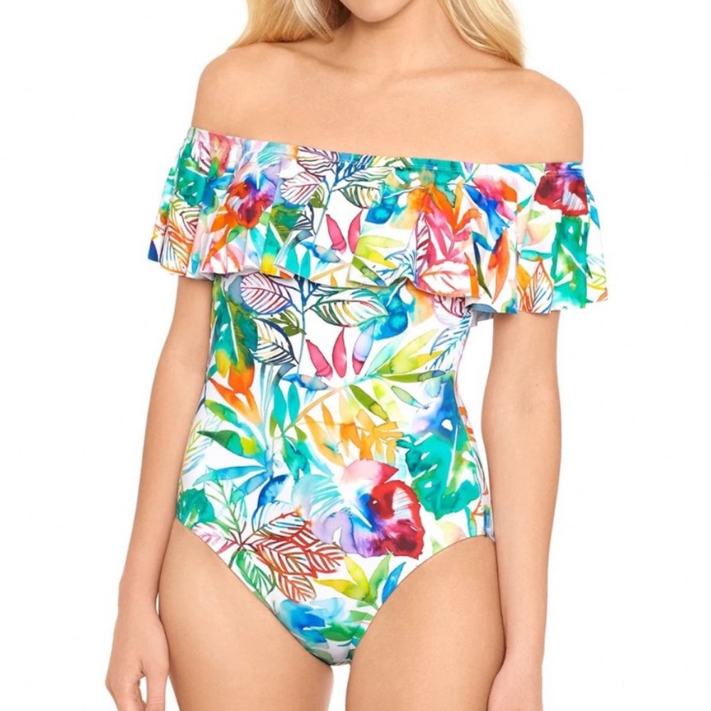 Lauren Ralph Lauren Tropical Caribbean Off the Shoulder One Piece Swimsuit, 6
